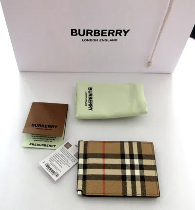 Pre-owned Burberry Vintage Check Plaid Clip Slim Bifold Wallet Archive Beige 80841761