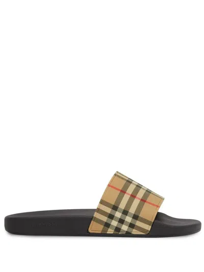 Burberry Vintage Check Print Slide Sandals For Men In Beige