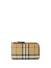 Burberry Mini Leather Wallet With Iconic Check Pattern And Zip Closure In Nude