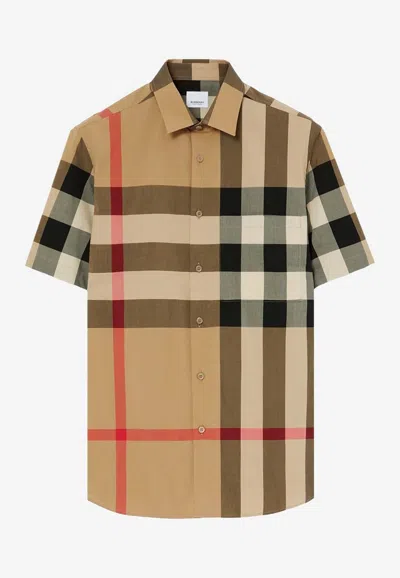 Burberry Men Cotton Shirt With Check Print In Multi
