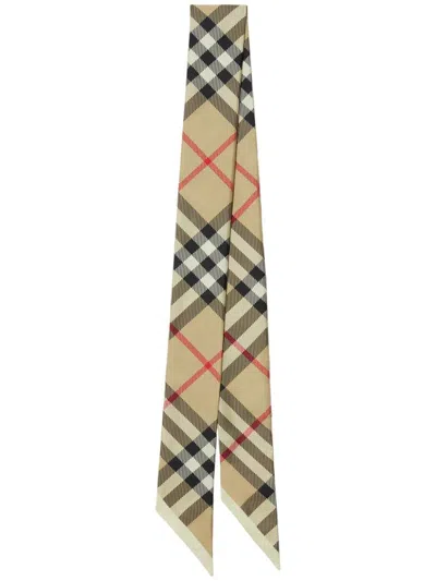 Burberry Vintage Check Skinny Silk Scarf In Archive Beige