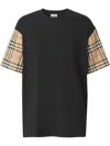 Burberry Women Black T-shirt With Vintage Check Motif On The Sleeves In Cotton Woman In Black