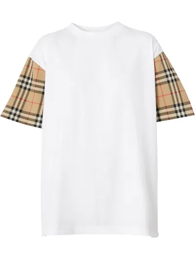 Burberry Women White T-shirt With Vintage Check Motif On The Sleeves In Cotton Woman