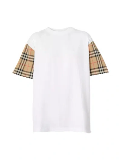 Burberry Women White T-shirt With Vintage Check Motif On The Sleeves In Cotton Woman