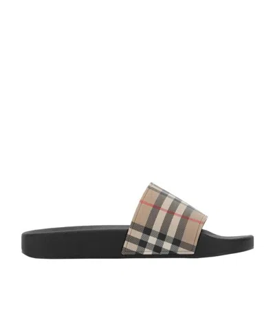 Burberry Check Slide Flat Open Toe Slippers In Black