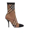 Burberry Leather-trimmed Checked Knitted Ankle Boots In Brown