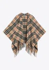 Burberry Charlotte Cape With Plaid Pattern And Fringe In Neutral