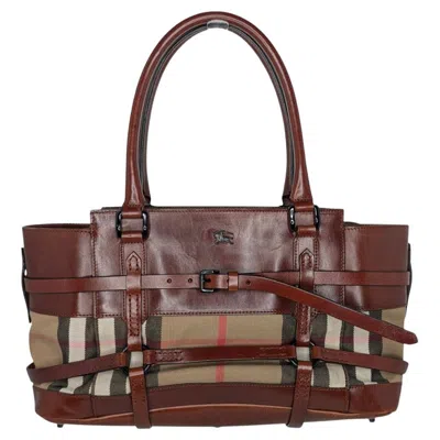 Pre-owned Burberry Vintage Leather Bridle House Check Canvas Satchel In Brown