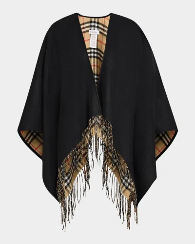 Burberry Vintage-style Check Fringed Wool Cape In Black