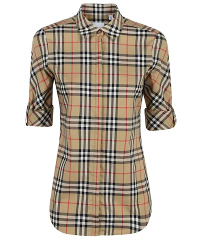 Pre-owned Burberry Vintage Womens Check Stretch Cotton Twil Shirt In Archive Beige