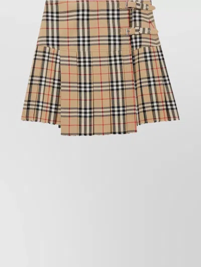 Burberry Vintage Wool Check Pleated Miniskirt With Buckle In Beige