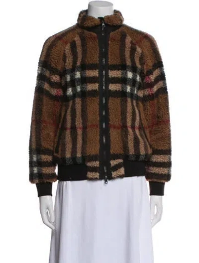 Pre-owned Burberry Virgin Wool Plaid Print Bomber Jacket In Brown