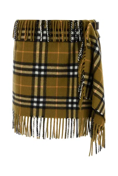 Burberry Tartan Wool Blend With Fringe Trim Skirt In Green
