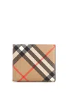 Burberry Beige Bifold Wallet With Check Motif In Techno Fabric In Sand