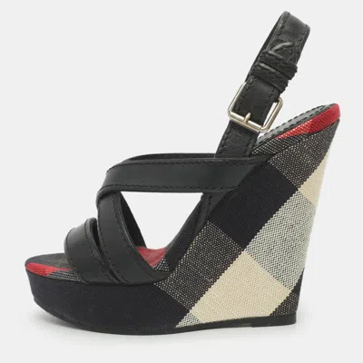 Pre-owned Burberry Warlow Size 36 Navy Blue Leather Wedge Platform Sandals