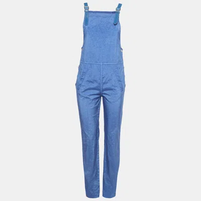 Pre-owned Burberry Warm Royal Blue Synthetic Leather Trim Dungarees Xs