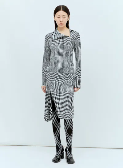 Burberry Warped Houndstooth Jacquard Asymmetric Long Sleeve Wool Blend Midi Dress In Grey