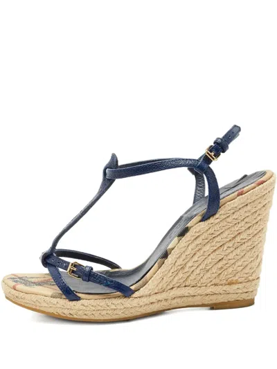 Pre-owned Burberry Wedge-heel Leather Sandals In Blue