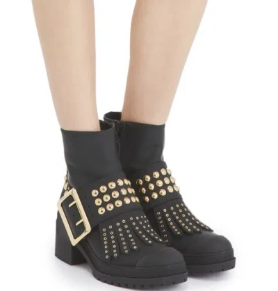 Pre-owned Burberry Whitchester Black Leather Fringe Gold Studded Belted Boots 40.5/10.5 Us