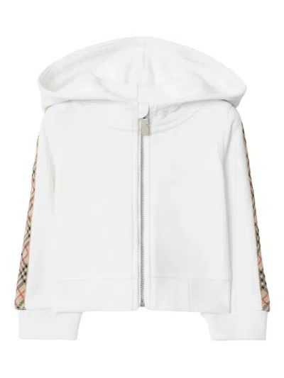 Burberry Babies' 格纹边饰棉连帽衫 In White