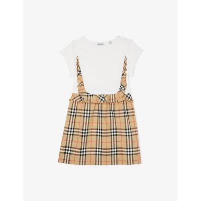 BURBERRY WHITE CHECK-PATTERN FRILL-TRIM STRETCH-COTTON DRESS 4-14