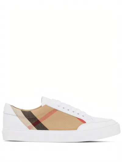 Burberry New Salmond Check Leather Sneakers In White
