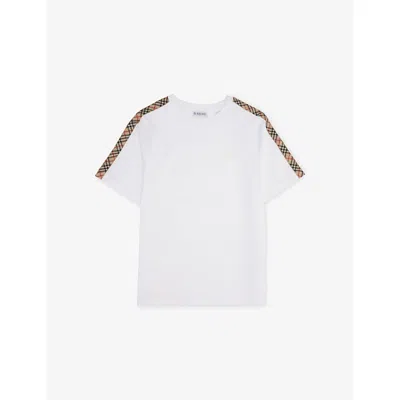 BURBERRY WHITE CHECK-PRINT-PANEL SHORT-SLEEVES COTTON-JERSEY T-SHIRT 4-14