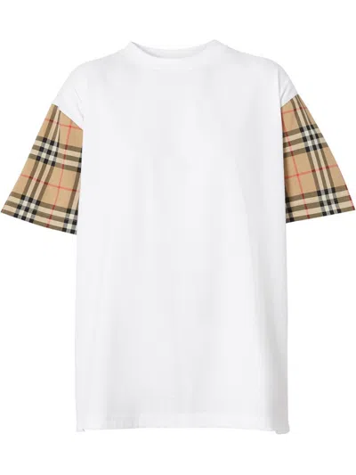 BURBERRY WHITE CHECK SLEEVES COTTON T-SHIRT