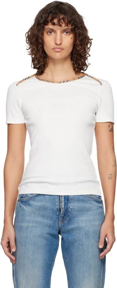 BURBERRY WHITE CHECK TRIM STRETCH COTTON T-SHIRT