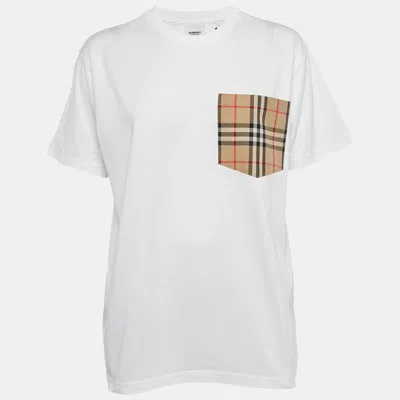 Pre-owned Burberry White Cotton Carrick Check Pocket Detail Oversized T-shirt Xs