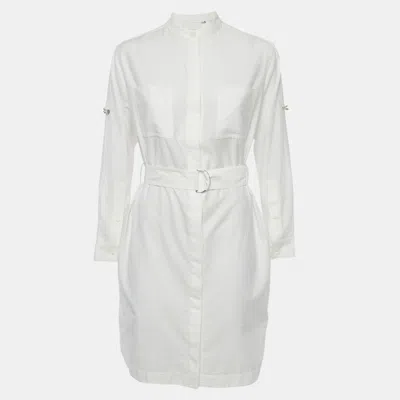Pre-owned Burberry White Cotton Long Sleeve Belted Dress S
