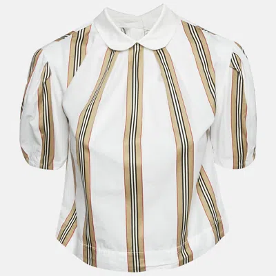 Pre-owned Burberry White Cotton Nova Stripe Detail Button Back Top 10yrs
