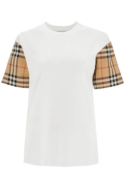 Burberry Women White T-shirt With Vintage Check Motif On The Sleeves In Cotton Woman