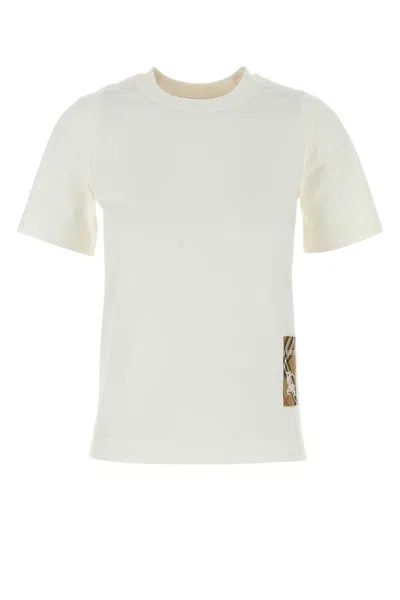 Burberry Women White T-shirt With Logo Patch With Check Motif On The Front In Cotton Woman In Neutral