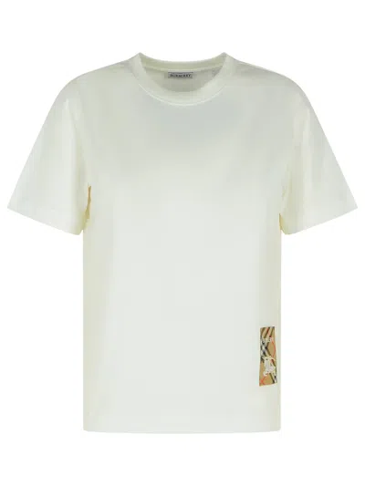 Burberry Women White T-shirt With Logo Patch With Check Motif On The Front In Cotton Woman In Neutral