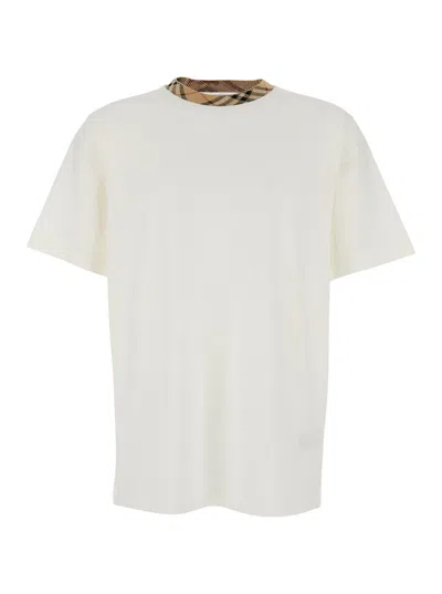 Burberry White Crewneck T-shirt With Check Motif On The Collar In Cotton Man