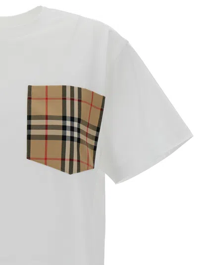 Burberry White Crewneck T-shirt With Check Pocket In Cotton Woman