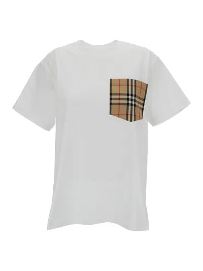 BURBERRY BURBERRY WOMEN WHITE CREWNECK T-SHIRT WITH CHECK POCKET IN COTTON WOMAN