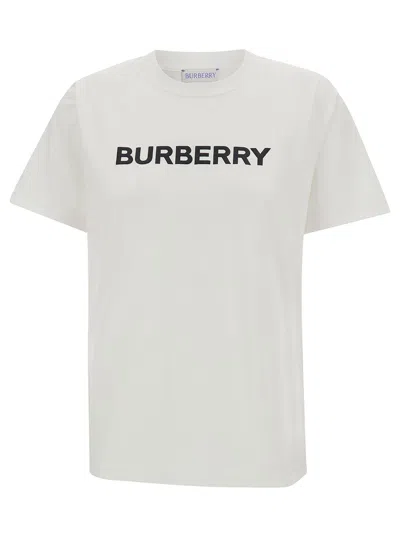Burberry White Crewneck T-shirt With Contrasting Logo Print In Cotton Woman In Multicolor