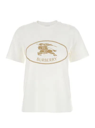 Burberry White Crewneck T-shirt With Logo Embroidery On The Front In Cotton Woman