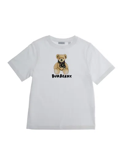 Burberry Kids' White Crewneck T-shirt With Logo Print On The Front In Cotton Boy
