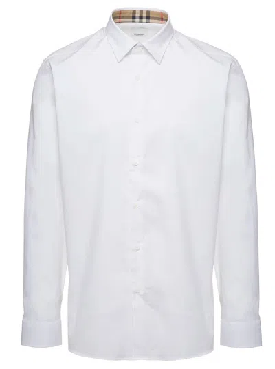 Burberry White Long Sleeve Shirt With Tonal Logo Embroidery In Stretch Cotton Man