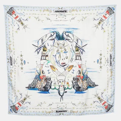 Pre-owned Burberry White Marine Sketch Print Silk Scarf