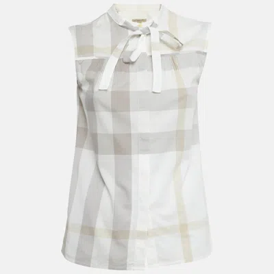 Pre-owned Burberry White Plaid Print Cotton Tie -up Mock Neck Blouse Xs