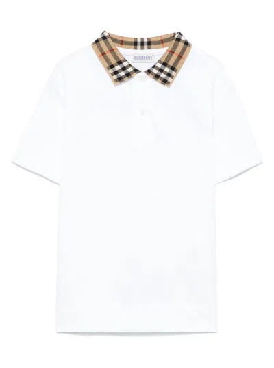BURBERRY WHITE POLO SHIRT WITH VINTAGE CHECK COLLAR IN COTTON BOY