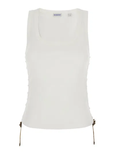 Burberry White Sleeveless Top With Ruched Details And Ties With Check Motiv In Cotton Blend Woman