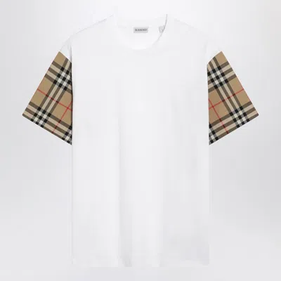 BURBERRY WHITE T-SHIRT WITH CHECK-PATTERN SLEEVES