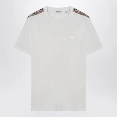 Burberry White Crewneck T-shirt With Check Motif On The Sleeve And Ekd Logo Embroidery On The Front In Cotton