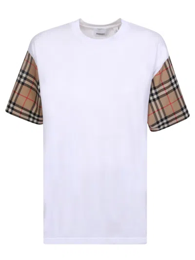 Burberry White T-shirt With Contrasting Check Motif Sleeves