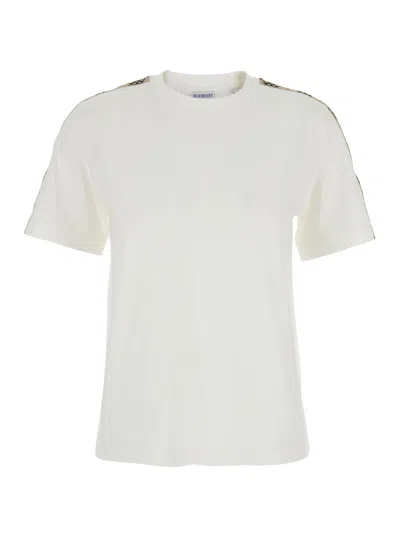 Burberry White Cotton Check Trims T-shirt In Beige